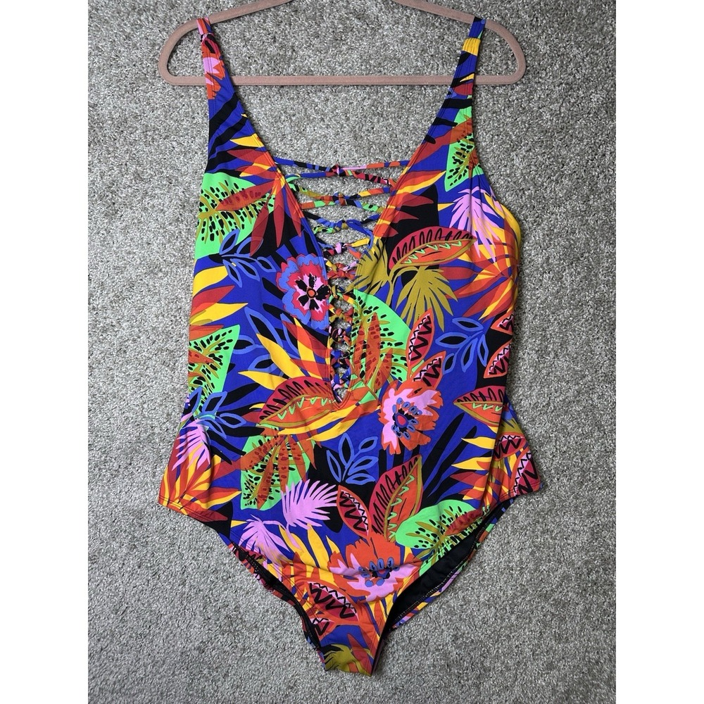 Bleu by Rod Beattie 22W‎ One Piece Swimsuit Lace Up Front Back Plunge EUC!